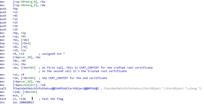 Figure 9. Calling ChainGetMatchInfoStatus() and testing the flag in CCertObjects associated with the end certificate