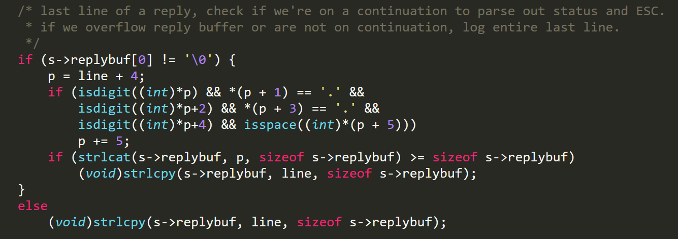 Figure 1. Vulnerable code inside mta_io function: If the final line of a reply is in an incorrect format, all the remaining content is also appended to the replybuf since p points to a location after the null byte