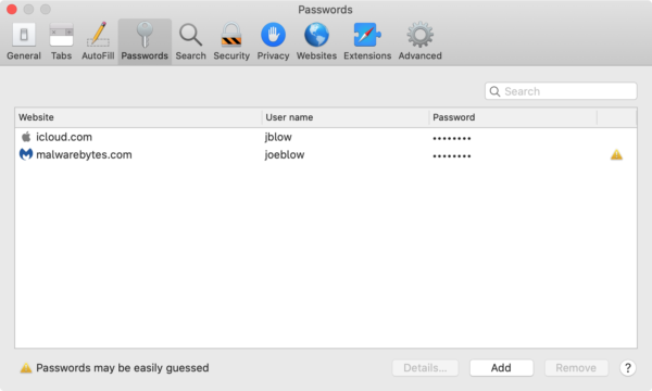 Safari's password management settings