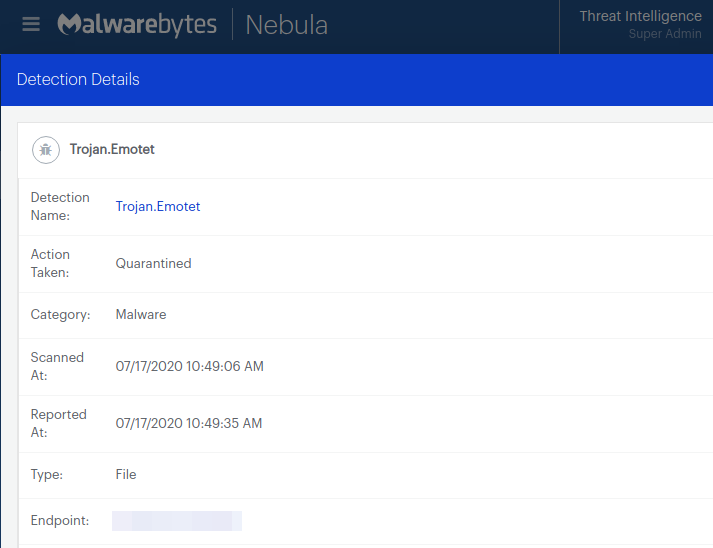 Malwarebytes detects Emotet binary as a standalone file