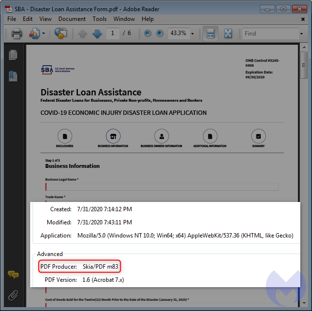 SBA scam pdf metadata