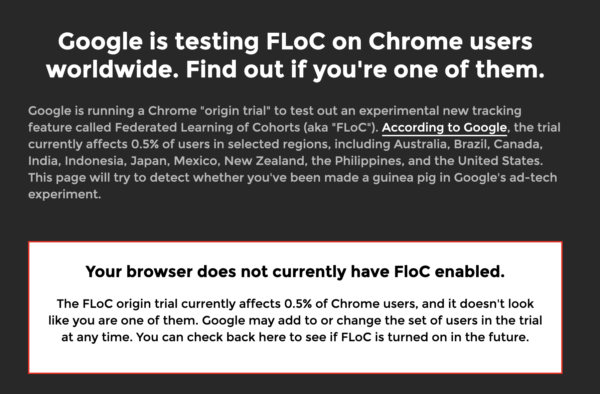 Chrome users, here’s how to opt out of the Google FLoC trial 1 Am I FLoCed screenshot 600x394 1