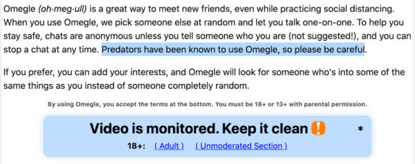 Warning from Omegle home page