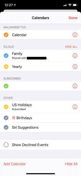 The listing of all calendars shown in the Calendar app