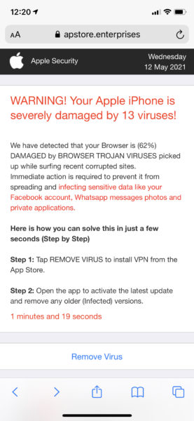 A scam web page titled "WARNING! Your Apple iPhone is severely damaged by 13 viruses!"