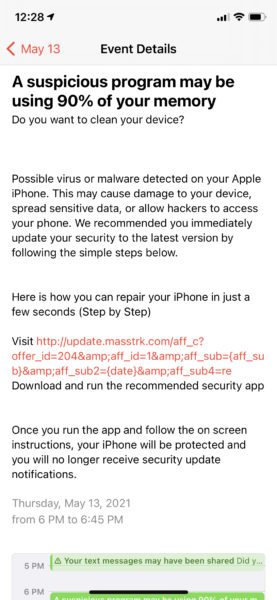 Details from a spam calendar event, reading "A suspicious program may be using 90% of your memory"