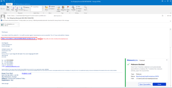 Malspam banks on Kaseya ransomware attack 1 E5pFs3PWUAcBCnQ 600x306 1