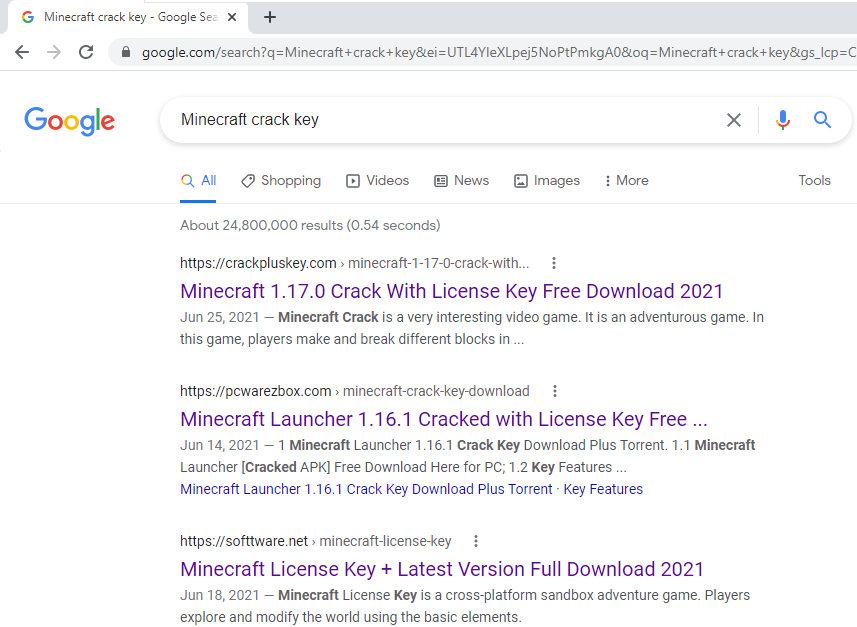 A search for Minecraft crack keys offers websites handing out Swarez among the top results