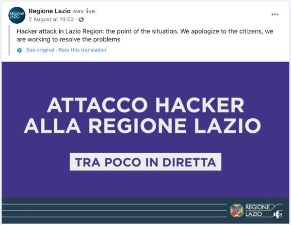 Lazio's Facebook page warns of a "hacker attack" on its systems