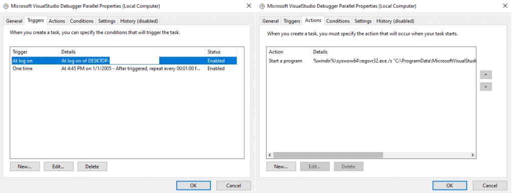 Sample scheduled task properties