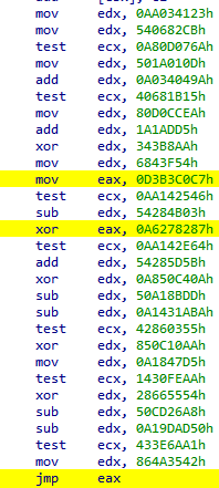 Example of junk code created by the ProcessWorm loader, useful instructions are highlighted in yellow