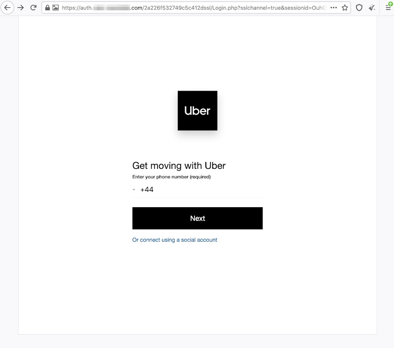 Uber phishing site page 1
