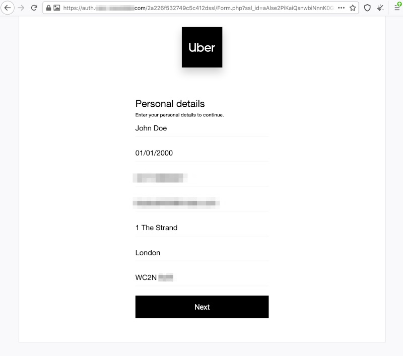 Uber phishing site page 3