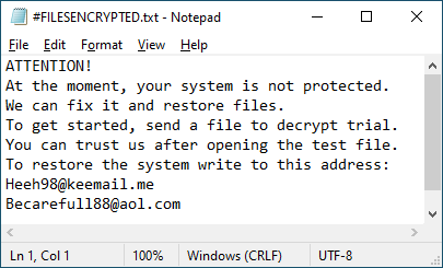 Note left by the ransomware