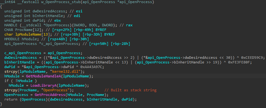 Example of a stub used for API call obfuscation 
