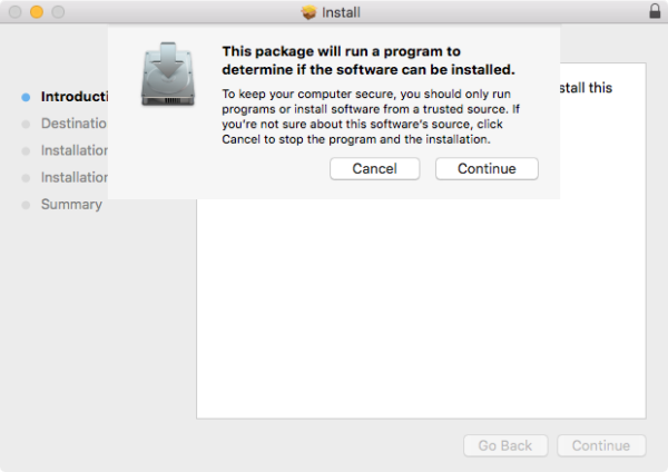 An Apple installer asking the user to allow a program to run to determine if the software can be installed.