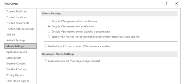 Microsoft Excel Trust Center settings