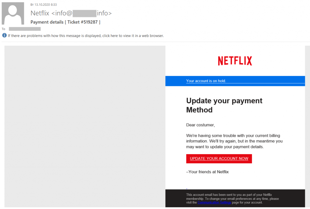 A phishing email asking the recipient to provide a valid payment method for a Netflix account
