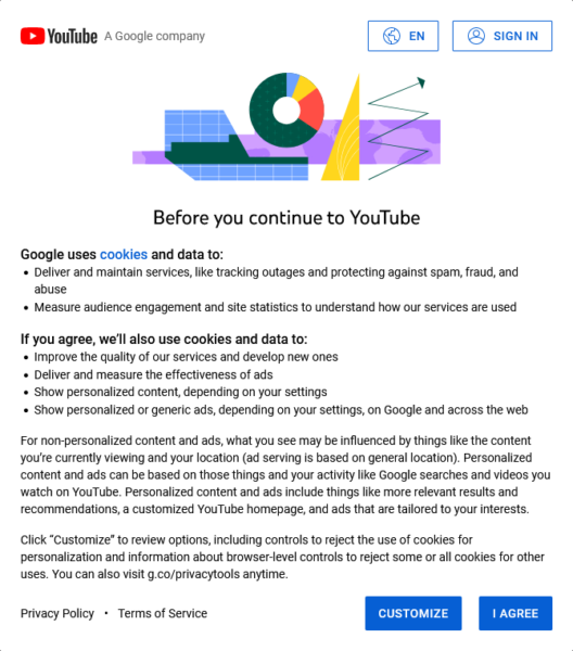 YouTube cookie consent popup