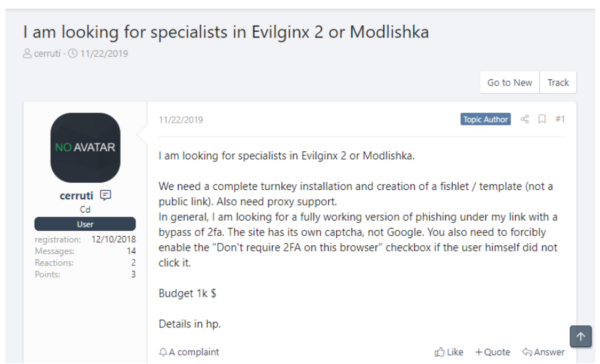 Intercepting 2FA: Over 1200 man-in-the-middle phishing toolkits detected 2 therecord evilginx modlishka forum 600x364 1