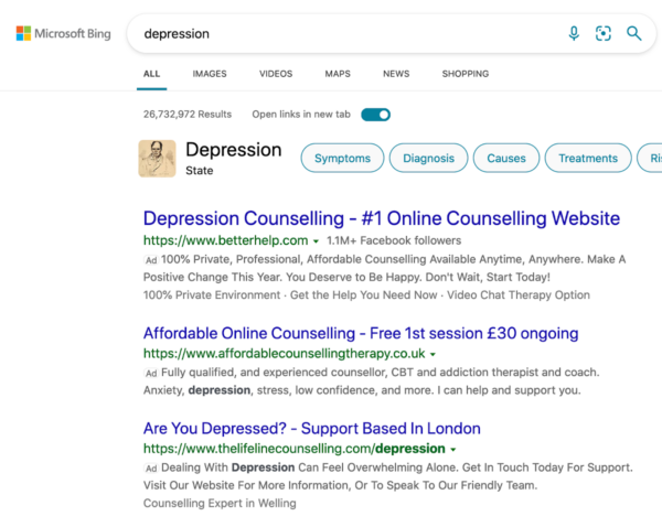 Bing ads for "depression"