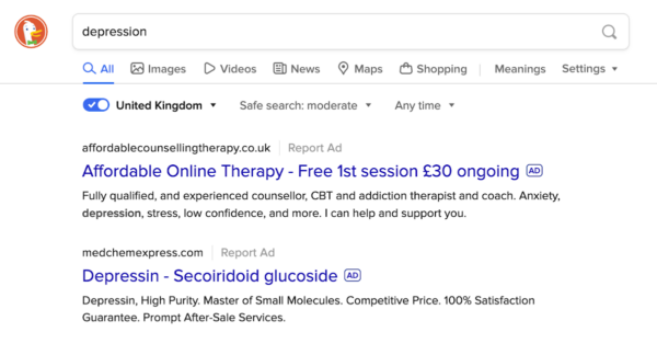 DuckDuckGo ads for "depression"