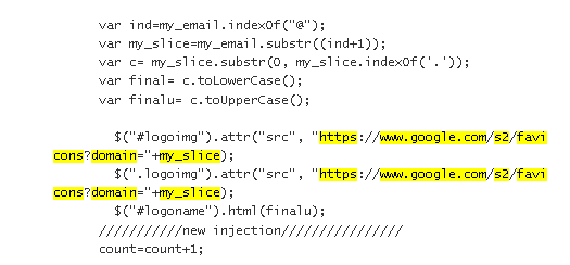 Code with the URL of a loaded icon corresponding to the victim's domain