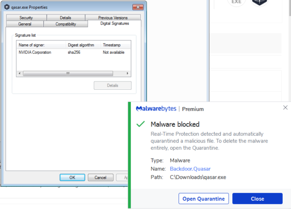 Malwarebytes blocks signed Backdoor.Quasar