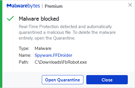 Malwarebytes blocks Spyware.FFDroider