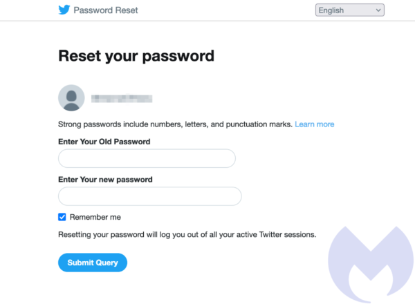 Fake Twitter password reset screen