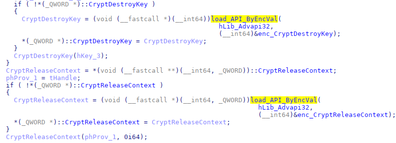 Code snippet used to resolve and call CryptDestroyKey and CryptReleaseKey functions