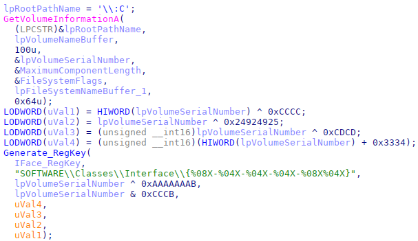 Code snippet to create a registry key based on the Volume Serial Number