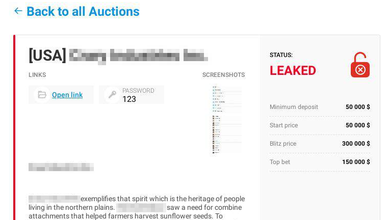 Blackmailer blog: auction price of stolen data