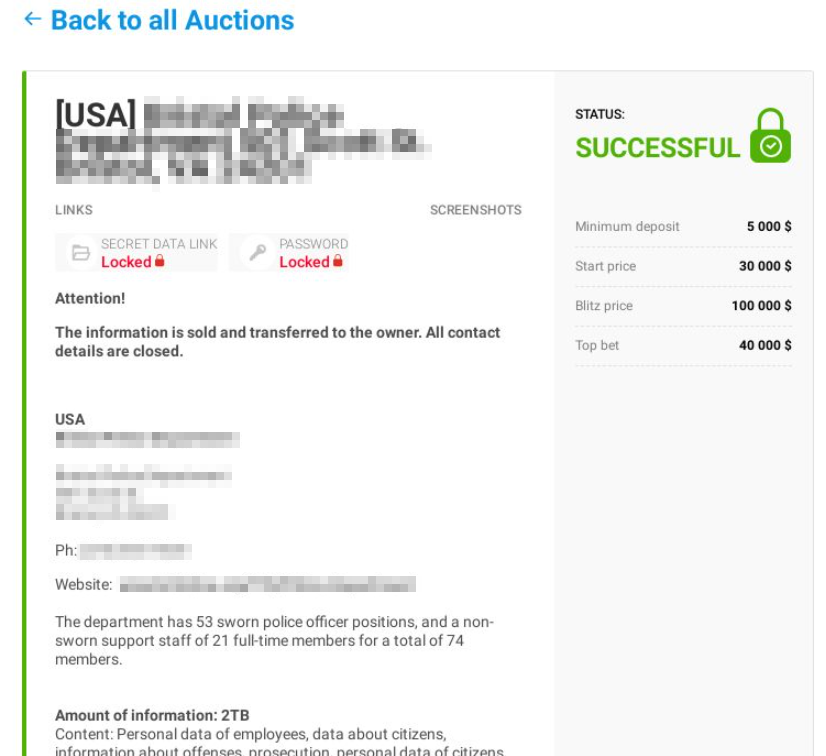 Blackmailer blog: auction closed (stolen data sold to a single buyer)