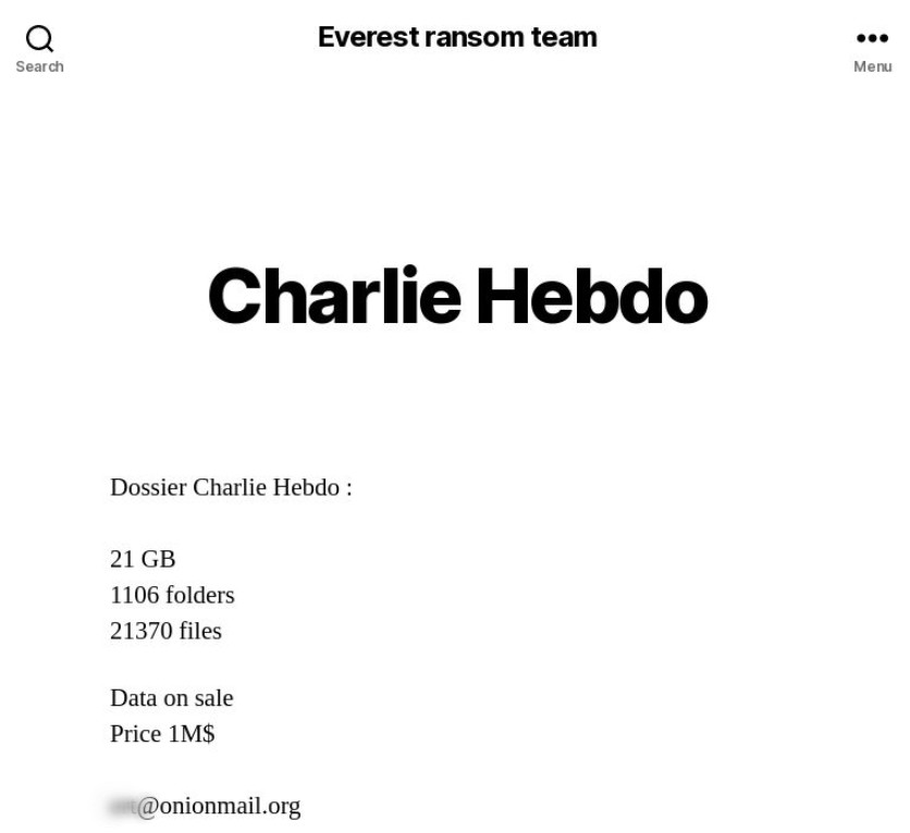Blackmailer blog: data on Charlie Hebdo terrorist attack stolen from a legal firm are available for $1 million