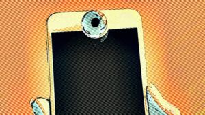 The All Seeing Eye Concept in Pop Art Style - Hand Holding Phone with Eye Instead of Camera