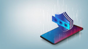 Smartphone data protection, smartphone with shield, data safety isometric