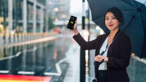 Young Business Woman With Smart Phone Hailing Taxi In The Rain