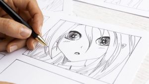 The artist draws anime comics on paper. Storyboard for the cartoon. The illustrator creates sketches for the book.