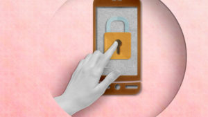 papercraft smartphone with locked padlock and female hand
