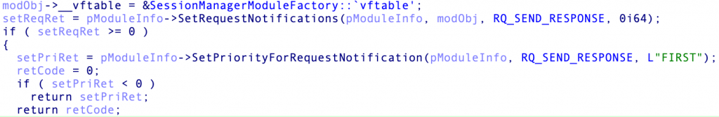 The SessionManager IIS backdoor 3 Figure 2. SessionManager registration within the web server upon loading