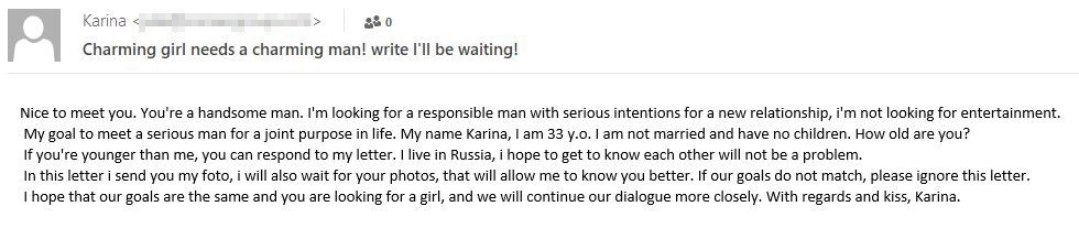 Example of a dating scam e-mail