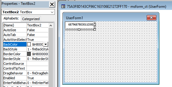 TextBox form used as a data store within malicious DOTM documents, as shown by Microsoft's VBA editor