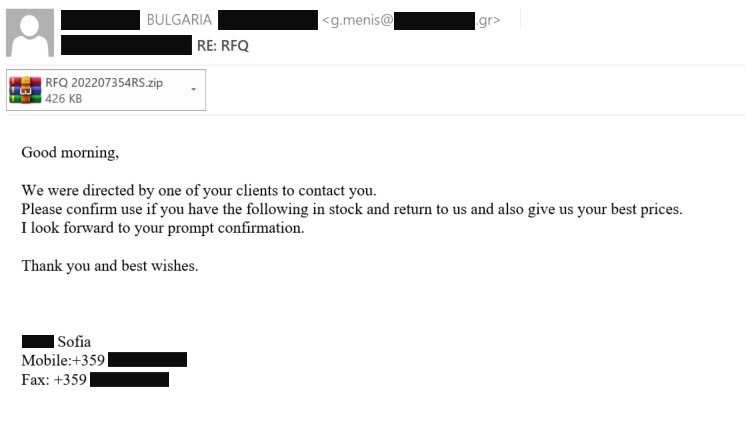 The email from the "Bulgarian customer," with a malicious attachment